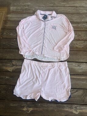 Night Fox Pink Stripe Two-Piece Pajama Set with Navy Trim